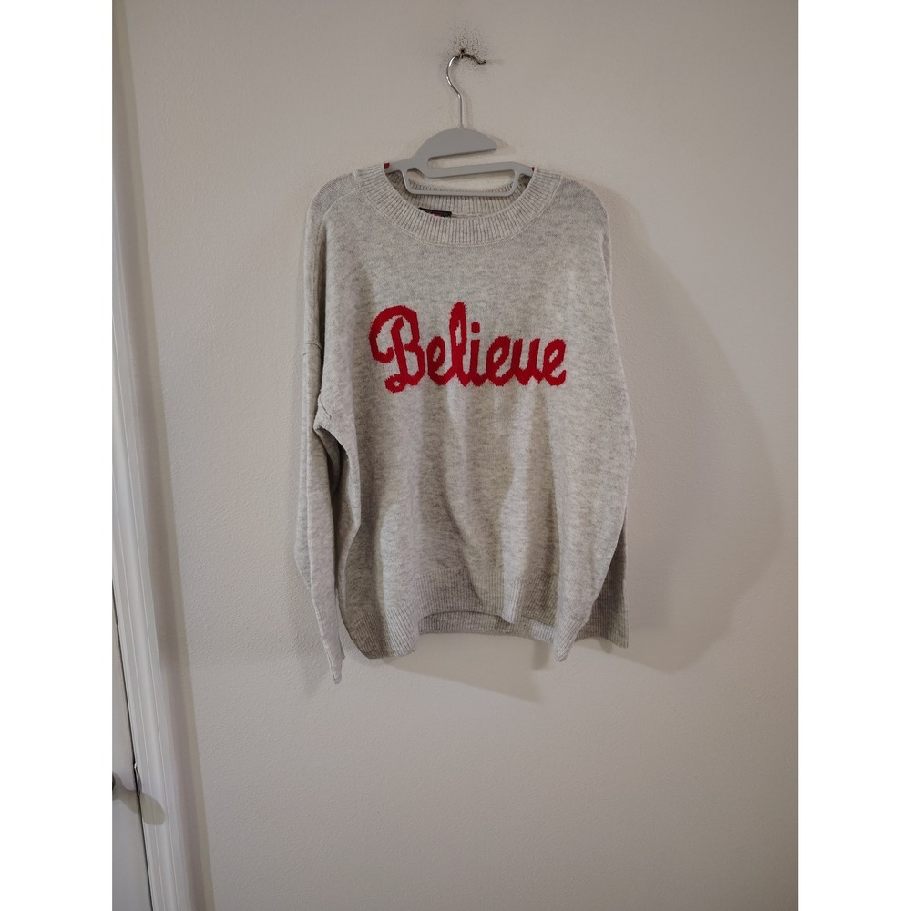 Vince Camuto Believe Graphic Sweater Oatmeal Heather Red Script Small